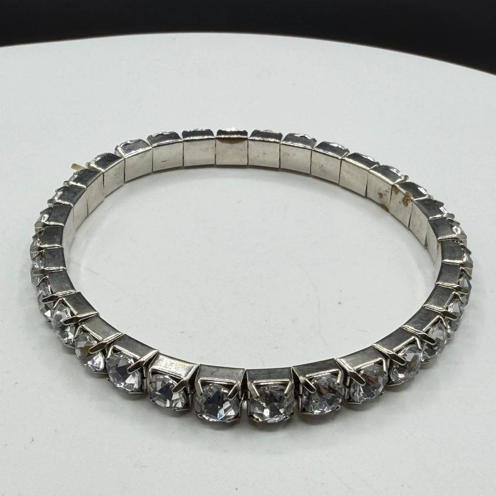 Clear Crystal Rhinestone Silver Tone Stretch Tennis Bracelet Statement Gift